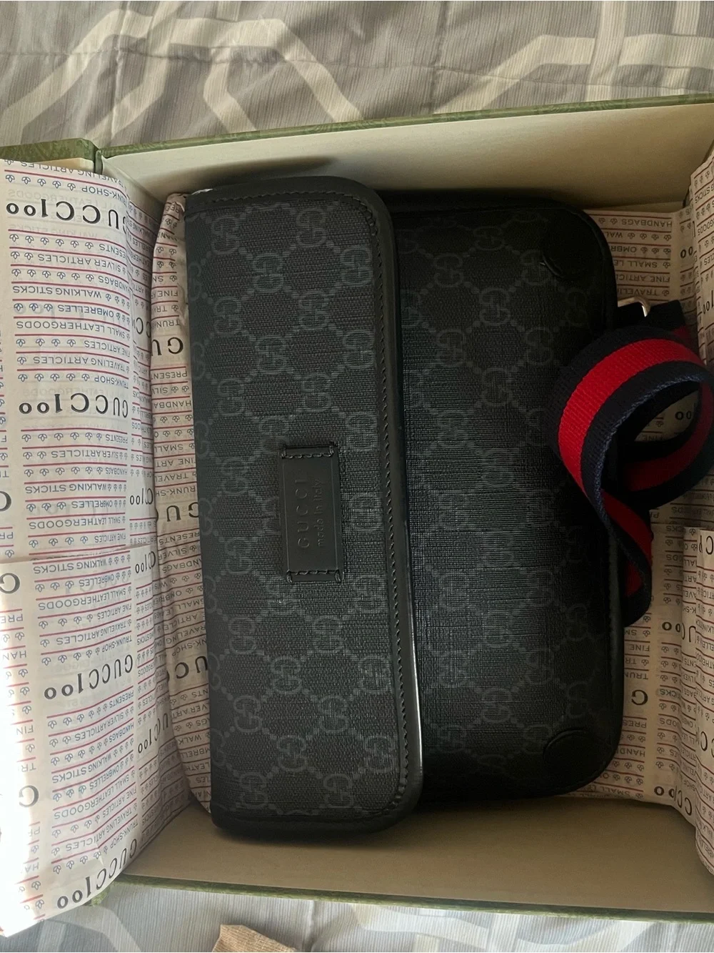 Gucci Black GG Supreme Belt Bag with Web Stripe
